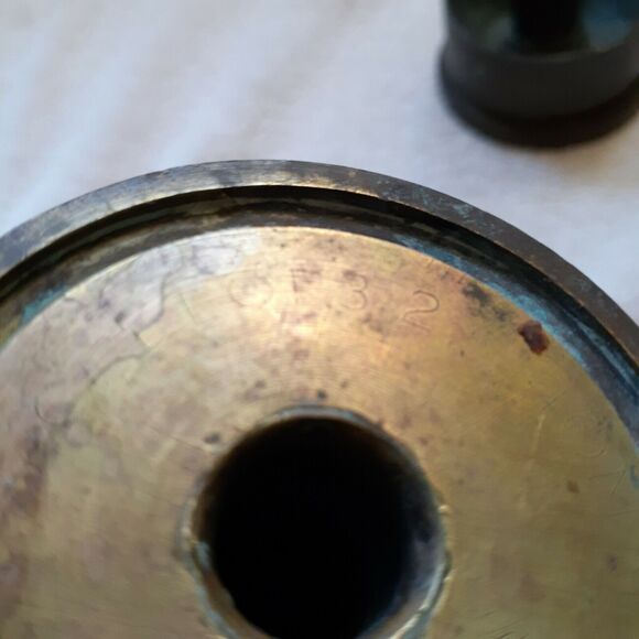 WWII trench art shell candle sticks/holders, brass? 5 3/8". 40 MM, one pair - Picture 6 of 8